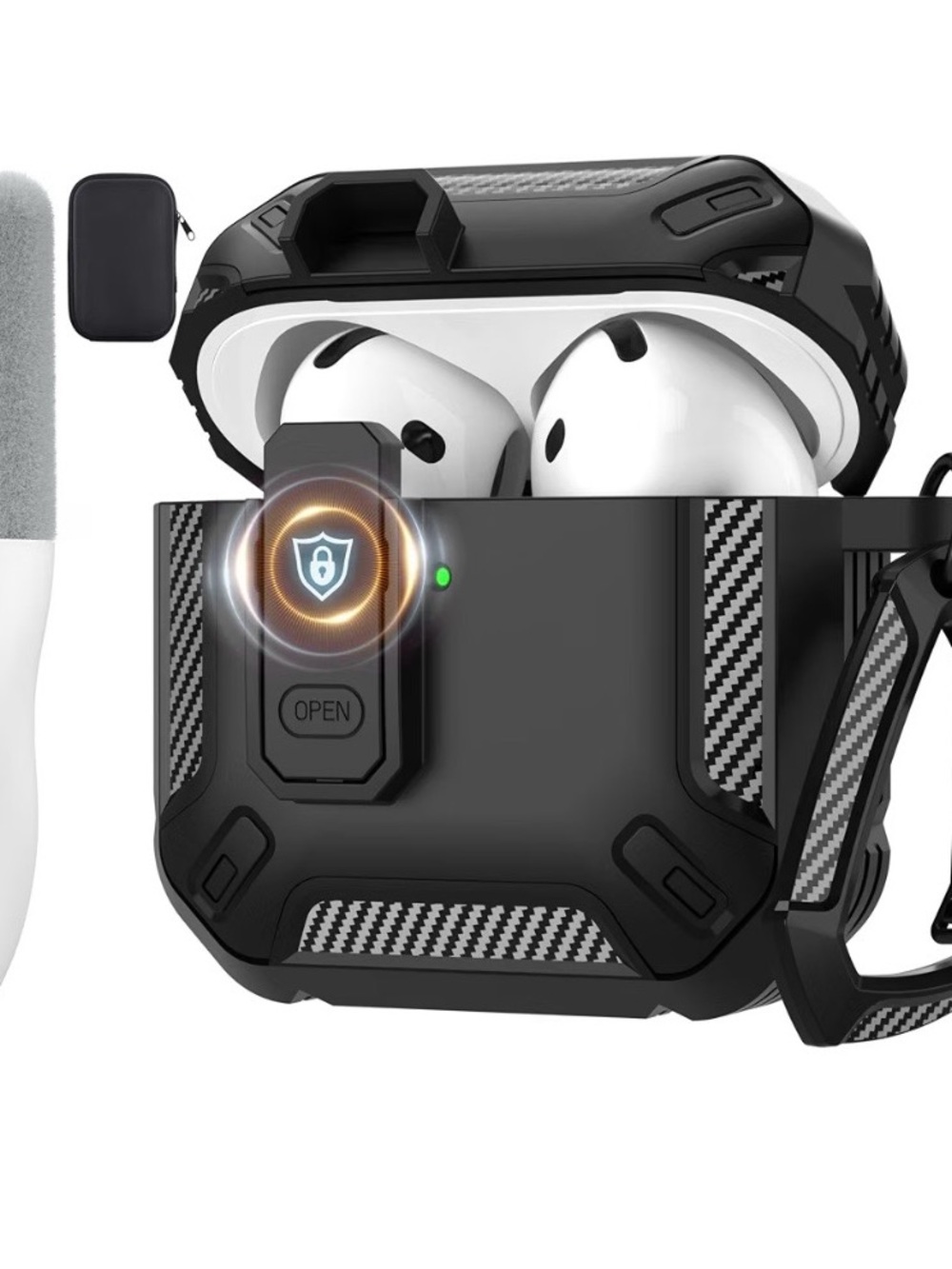 Rugged Black Protective AirPods 4 Case with Carbon Fiber Accents
